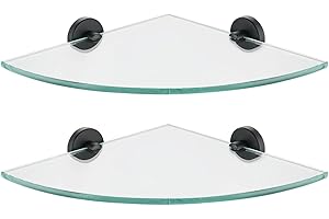 JQK Corner Glass Shelf Black, Bathroom 304 Stainless Steel Shower Triangle Floating Wall Shelf, 10 x 10 Tempered Glass, 2 Pack, TGS190L10-PB-P2