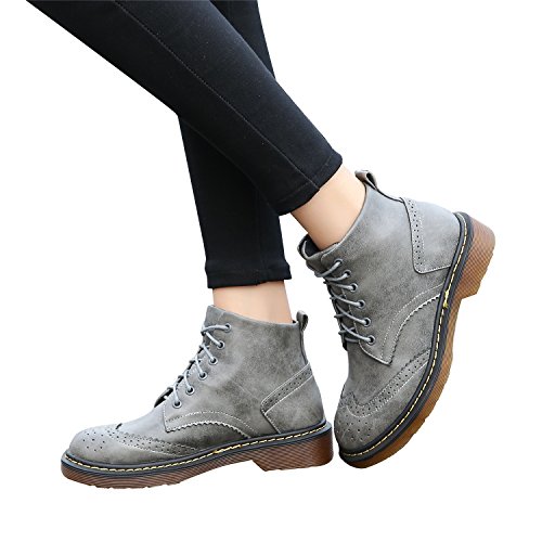 Smilun Damen Kurzschaft Stiefel Brogue Schnürstiefel - 5