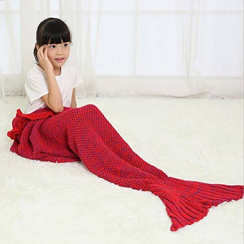 Kids Crochet Mermaid Tail Blanket, OKAYSHOP Knitting Handcraft Sleeping Bag For Girls, All Seasons Warm Sofa Living room blanket, 135cmX65cm(53"x26") (Red)