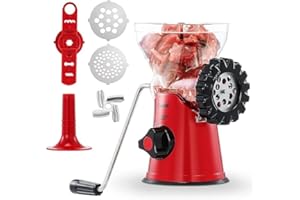 Geedel Picadora de Carne Manual, 4 en 1 Picadora Carne Inoxidable, Embutidora de Chorizos, Adecuado para Carne Picada, Embutidos y Hojaldre, Corte Rápido, Base Antideslizante, Rojo