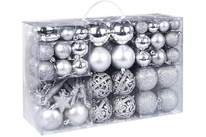 ‎MOCRAFT Mocraft Weihnachtskugeln 116er Set Christbaumkugeln Silber Weihnacht Ornamente, Set inkl. Baumspitze Kiefernzapfen Stern Dekoration gemalte Kugel ∅ 30/40/60mm