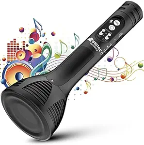 VRJTEC Design 2 Wireless Bluetooth Handheld Microphone Stand with HI FI Speaker Audio Recording for Cellphone Karaoke Mike (Black)