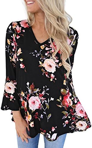 WINWINTOM Plus Size Summer Lady Flowers Women Long Sleeve T-Shirt Casual Tops Blouse Loose Shirts Dress (Black, 2XL)