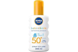 NIVEA SUN Kids Spray solaire Protect & Play Sensitive FPS 50+ (1x200 ml), protection anti UV sans parfum & ultra résistante à l’eau, écran solaire enrichi en aloe vera