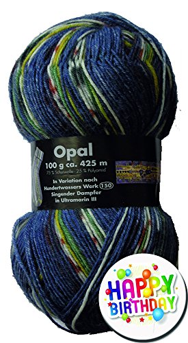 1437 OPAL HUNDERTWASSER Serie I: SINGENDER DAMPFER IN ULTRAMARIN - 1er Set 100g Knäuel 75% Schurwolle, 25% Polyamid, Lauflänge ca. 425m/100g, Nadelstärke 2 – 3 mm +Button HAPPY BIRTHDAY