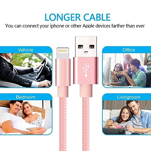 Youer C  ble iPhone Chargeur  3-Pack 1m 2m 3m C  ble Lightning vers USB de Nylon Tress   Robuste avec Connecteur en Aluminium pour Apple iPhone X   8   8 plus   7   7 plus   SE   6s   6s plus   6   6 plus   5s   5 iPad Air iPad mini Rose 