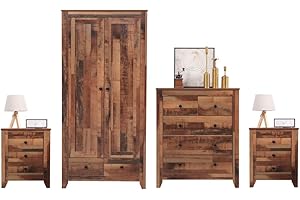 FurnitureHMD Rustic Brown 4 Piece Set Bedroom Furniture Set 2 Door 2 Drawer Wardrobe, 5 Drawers Chest,3 Drawers Bedside Table