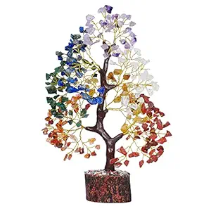 PREK Seven Chakra Crystal Gemstone Bonsai Money Tree with Golden Wire and 300 Beads Figurine Standard Size - Multicolour, 1 Piece