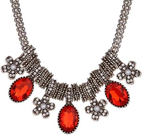 Vintage Red Crystal Flower Tassel Fringe Geometry Statement Necklace Gift For Women Mom Girlfriend