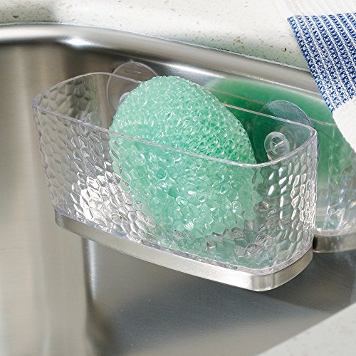 mDesign Halter für die Küchenspüle mit Saugnapf für Schwamm, Topfschwamm, Stöpsel – Durchsichtig/Edelstahl - 2
