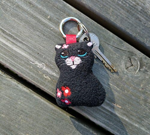 Black Cat Key Ring Handmade / Sewn in Black Fleece with Machine Embroidered Detail. Comes complete with a round carabiner stainless steel keyring
