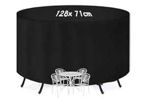 KANOSON Garden Table Cover - Round, Waterproof, Heavy Duty, Windproof Patio Set Cover - Large Rip Proof 210D Oxford Fabric - Ø128 x 71cm