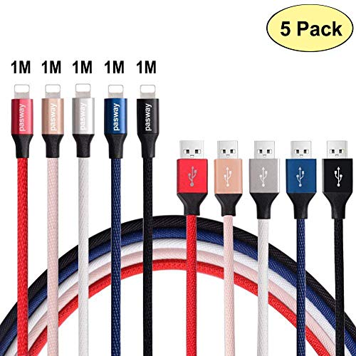 Pasway C  ble Phone   5 Pack  1M Nylon Tress   Chargeur iPhone   C  ble de Sync  2 1A C  ble Compatible avec iPhone XS Max XR X 8 8 Plus 7 7 Plus 6s 6s Plus 6 6 Plus  1 - 5 Couleurs 