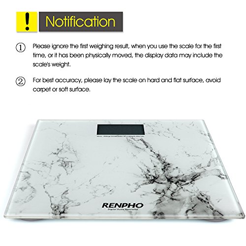 RENPHO® Personenwaage aus gehärtetem Sicherheitsglas (6mm), 30x30x3cm, 180kg/0,1kg , weißes Marmormuster, beleuchtetes LCD-Display, Inkl. Batterien - 5