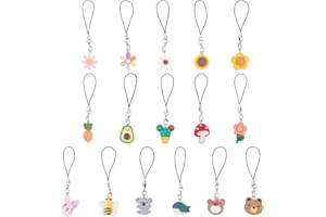 HOBBIESAY 16 Styles Mignon Résine Téléphone Breloques Sangle 8.5-9cm Ours Lapin Koala Champignon Abeille Fleur Téléphone Breloques Kawaii Animal Fleur Téléphone Pendentifs pour Porte Clés Décoration