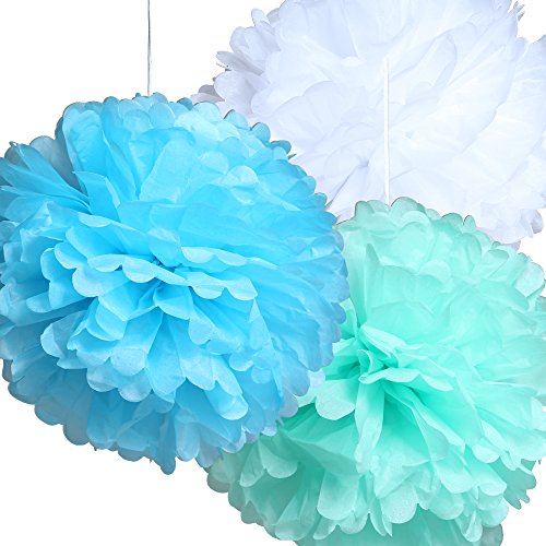 12 Seidenpapier Pompons – Deko Papierblumen in weiß, grün und blau – Pom Poms zur Vintage Dekoration ideal für Ihre Hochzeit, Babyshower (it´s a boy), Kindergeburtstage und sonstigen Feierlichkeiten (pompom) - 8