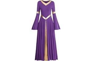 IMEKIS Women Liturgical Praise Dress Metallic Splice Lyrical Dance Dresses Long Sleeve V Neck Casual Pleated Swing Skirt Church Worship Prayer Gowns Ballroom Dancewear Costume