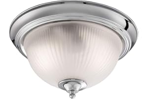 Britalia Polished Chrome & Frosted Ribbed Glass Bathroom Vintage Round Flush Ceiling Light 290mm | 2 x E14 SES Lamp Bulbs Required (Not Included) | IP44 Rated | Suitable for Outdoor Use