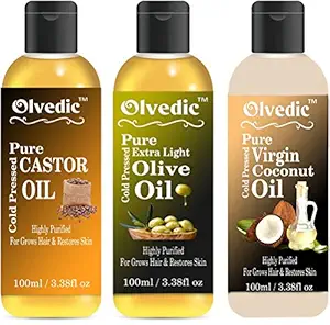 100% Pure & Natural Castor Oil, Extra olive oil & Virgin Coconut Oilin Combo Pack of 3 (100 ml each)