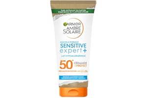 GARNIER Ambre Solaire Sensitive Expert+ - Lait Solaire FPS 50+ - Protège des UVA, UVB, & UVA Longs - Texture Légère - Résiste à L'eau - Céramides - Tous Types de Peaux - 175 ml