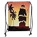 Produktbild ZKHTO Drawstring Sack Backpacks Bags,Pirate,Buccaneers Ship Sailing on Mysterious Waters Tropic Palm Trees Grunge Mist,Yellow Black Coral Soft Satin,5 Liter Capacity,Adjustable String Closure