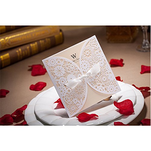 Preisvergleich Produktbild elegantstunning Einladungskarte Anmutiger Schnitt Spitze Hochzeitsschleife Hochzeitseinladungen mit Tri Fold bedruckbar Papier und Umschläge