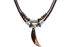 Aabellay Men Leather Tribal Necklace Vintage Bohemian Style Double Layers Braided Beaded Pendant Necklace Boho Hipppie Ethnic Wooden Tooth Rope Beads Choker for Women and Men - WT