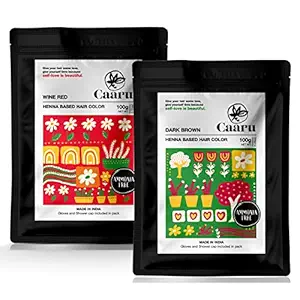 Caaru Herbal Henna Hair Color - With Amla and Shikakai - Complete Grey Hair Coverage - No Ammonia - Pack of 2 (Dark Brown + Wine Red)