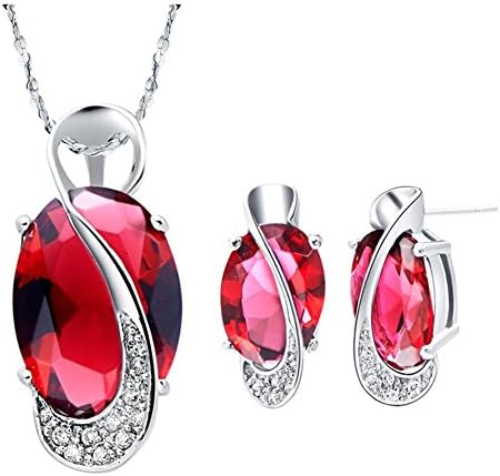 Layla Jewellery 18k White Gold Plated Alloy Swarovski Elements Crystal Jewelry Set include Pendant Necklace and Stud Earrings for Ladies Ruby(Pebble shape)