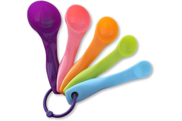 PARENCE.- Ensemble de 5 Cuillères Doseuses en Plastique Colorées – de 1 à 15 ml/g – Cuillères de Mesure Cuisine et Pâtisserie avec Anneau d’Accroche – Ustensile Dosage Précis)
