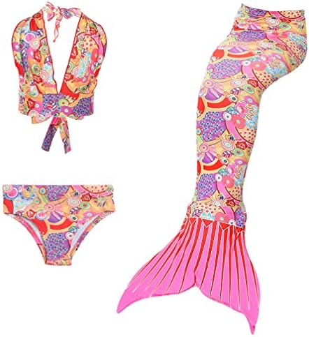 Auykoop 4 PCS Set Kids Girls Mermaid Tail Swimmable Flippers Costume Swimsuit Swimming Costumes With Monofin
