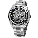 Casual Sport Uhr Automatisches Automatik-Uhrwerk Skelett Herren Mechanische Edelstahl Gürtel Armbanduhr + Geschenkbox
