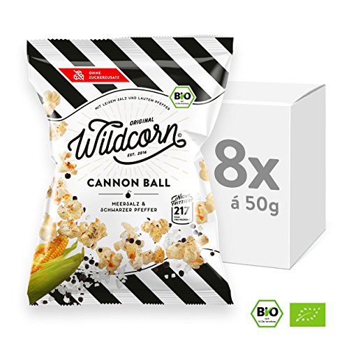 Wildcorn - salziges Popcorn - Meersalz Schwarzer Pfeffer (8x50g) | gesunder Snack | leckere Alternative zu Chips | Superfood für Büro, Unterwegs, Kino | vegan | 100% Bio | ohne Zuckerzusatz | glutenfrei | Healthy Food | Cannon Ball