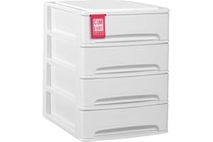 COM-FORT HOUSE Cajonera Plástico 4 Cajones Modelo Lineas Blanco - Organizador de Escritorio, Mini Cajonera para Papeles y Material de Oficina, Organizador de Documentos 355 x 265 x 350 mm