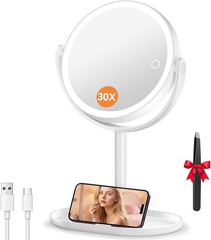 B Beauty Planet Espejo de aumento recargable con luz, espejo de maquillaje iluminado 20X, espejo