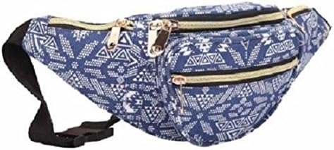 Ladies Girls Fashion Canvas Bumbag Festival Travel Holiday Money Belt Waist Pouch - Up to 50 inch Waist size (Geometric Blue)