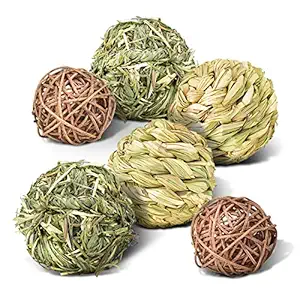 ERKOON Small Animal Activity Play Chew Toys, Rabbit Chew Ball Timothy Grass Ball Rattan Balls Woven Grass Play Ball Toy, for Bunny Rabbits Hamster Guinea Pigs Gerbils, 6 Pack