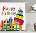 Produktbild Birthday Decorations Shower Curtain, Cute Cartoon Style Lettering Celebration Surprise Boxes Yummy Cake, Fabric Bathroom Decor Set with Hooks, 60 * 72inch Extra Long, Multicolor