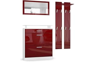 Vladon Garderobe Loret mini, Garderobenset bestehend aus 1 Schuhschrank, 1 Wandspiegel und 2 Garderobenpaneele, Weiß matt/Bordeaux Hochglanz