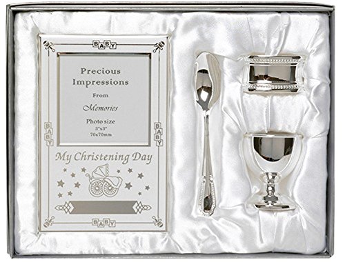 Beautiful Boxed Silver Plated Christening Day Gift Set - 4-Piece, Includes Egg Cup, Spoon, Baby Photo frame, Napkin Ring in Presentation Gift Box.