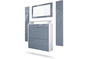 Vladon Garderobe Malea, Garderobenset bestehend aus 1 Hängeschuhschrank, 1 Wandspiegel und 2 Garderobenpaneele, Weiß matt/Grau Hochglanz