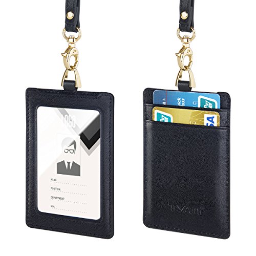Lanyard Badge Holder 100% Genuine Lambskin Leather for ID IC Card Vertical/Horizontal Type for Nurse Woman Lanyard 3"*4" Badge (Vertical -Black)