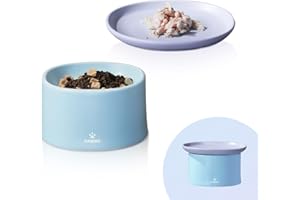 Pawaii Futternapf für Katzen, Erhöhter Keramik Katzen Futternapf, Katzen Napf und Katzenschüssel Set, Erhöhter Keramiknapf für Katze, Fressnapf für Katze und Hunde Stapelbar(Blau Napf&Lila Teller)
