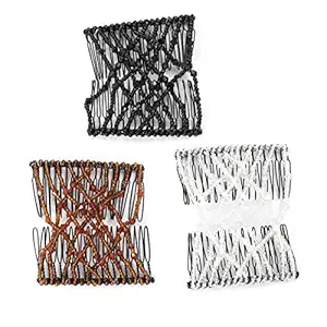 Frcolor 3pcs Magic Double Hair Clips Combs Hair Bun Maker Elastic Beaded Hair Styling Accessories for Woman (White, Black, Coffee)