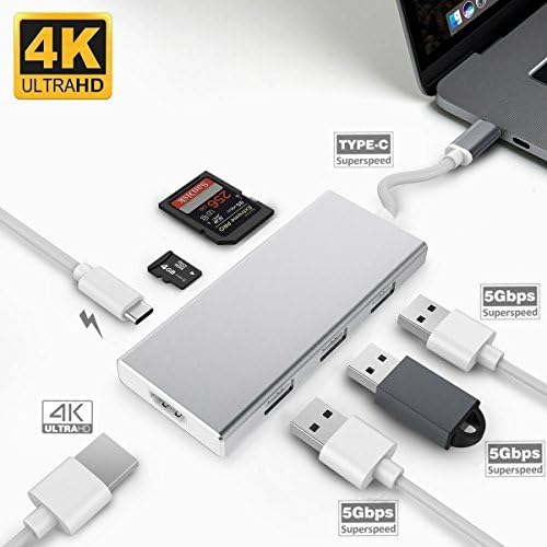 7 In 1 USB C Hub, Usb C To Usb Charger/HDMI/SD&amp;TF Card Reader/PD Charger, Usb type C Adapter/Charger for MacBook Pro/Google Chromebook Pixel/Nexus/Disk/Android/iPhone/Mouse Mice/Keyboard (Silver)