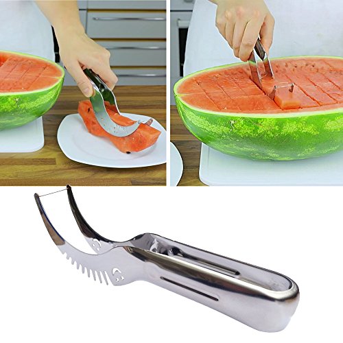 Wassermelonen Messer, PEMOTech 3 in 1 sicher und leicht zu benutzende Obstzeug in der Küche, 304 rostfreier Stahl, Wassermelonenschneider, und -Entkerner, Messer+ Balllöffel für Melonen+ Schälenzeug für Erdberren, perfekt für Obstsaladmachen. - 6