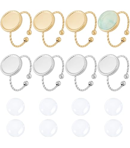Kit 10 Bases De Bague De Manchette Ouverte - Acier Inoxydable Doré Taille 18mm + Cabochons Verre Transparent - DIY Bijoux