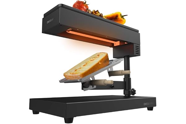 Cecotec Raclette traditionnelle Cheese&Grill 6000 Black. Puissance de 600W, Fonction gril, Acier inox, 2 Spatules en Bois, Thermostat réglable