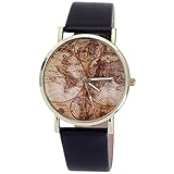 SAMGU Fashion Damen Weltkarte Leder Band analoge Quarz Armbanduhr Uhren Farbe Schwarz