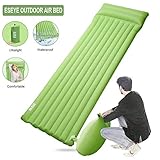 🎊 Almohada Integrada --- La esterilla es parte esencial del equipo de campamento y puede hacer la diferencia entre tener unos dulces sueños o una pesadilla. Esta ESEYE colchoneta hinchable incorpora una almohada que mejora su comodidad y experiencia confortable. Grosor de 10 cm y su magnífico diseño que reparte todo el peso de tu cuerpo a lo largo de toda la superficie de descanso nunca tendrás contacto directo con el suelo y tu descanso está asegurado siendo mucho más placentero.